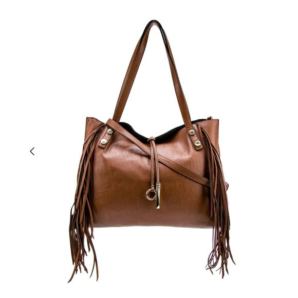 Calvin Klein Reversible Leather Fringe Tote Pouch Cross Body Strap Double Handle - Picture 1 of 16